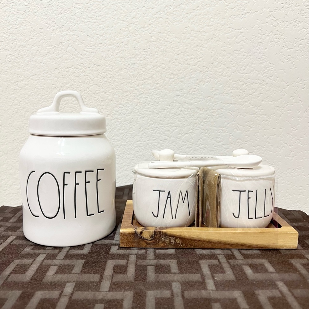 Rae Dunn baby COFFEE canister and JAM & JELLY jars set w/ spoons